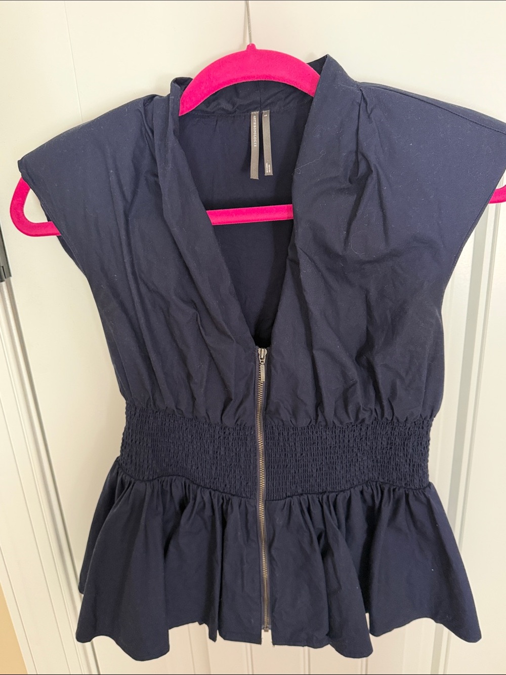 Anthropologie Navy Blue Smocked Waist Zip Front Peplum Top